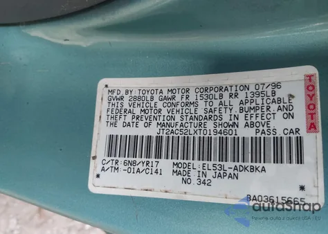 1996 Toyota Tercel Std/Dx z USA, uszkodzony, nr VIN JT2AC52LXT0194601